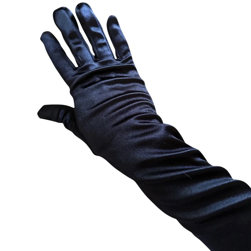 Vintage Style Black Satin Opera Length Evening Gloves Over Elbow Formal 21 Inch